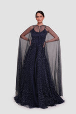 Load image into Gallery viewer, Maria Deep Navy Taffeta Maxi Dress With Shoulder Tulle Piece