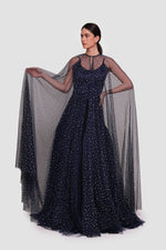 Load image into Gallery viewer, Maria Deep Navy Taffeta Maxi Dress With Shoulder Tulle Piece