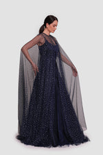 Load image into Gallery viewer, Maria Deep Navy Taffeta Maxi Dress With Shoulder Tulle Piece
