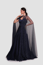 Load image into Gallery viewer, Maria Deep Navy Taffeta Maxi Dress With Shoulder Tulle Piece