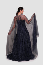 Load image into Gallery viewer, Maria Deep Navy Taffeta Maxi Dress With Shoulder Tulle Piece