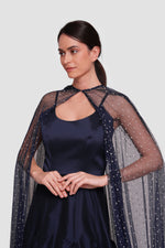 Load image into Gallery viewer, Maria Deep Navy Taffeta Maxi Dress With Shoulder Tulle Piece