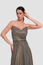 Load image into Gallery viewer, Nicole Metallic Gold Fabric With Subtle Blue Shimmer Sweetheart Structured Neckline Corset Maxi Dress