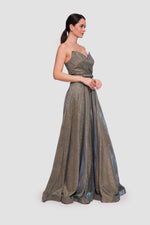 Load image into Gallery viewer, Nicole Metallic Gold Fabric With Subtle Blue Shimmer Sweetheart Structured Neckline Corset Maxi Dress