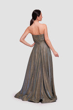 Load image into Gallery viewer, Nicole Metallic Gold Fabric With Subtle Blue Shimmer Sweetheart Structured Neckline Corset Maxi Dress