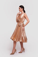 Load image into Gallery viewer, Sandra Gold Metallic Fabric Sleeveless Pleated Midi Dress