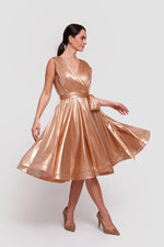 Load image into Gallery viewer, Sandra Gold Metallic Fabric Sleeveless Pleated Midi Dress