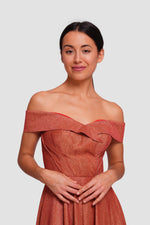Load image into Gallery viewer, Tamara Shimmering Burnt Orange Glitter Fabric Sweetheart Neckline Maxi Dress