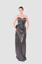 Load image into Gallery viewer, Seleneya Black Glitter Fabric Strapless Corset Maxi Dress