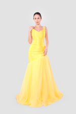 Load image into Gallery viewer, Aria Daffodil Yellow Satin Corset Maxi Dress With Tulle Asymmetric Clash