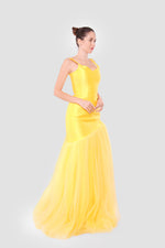 Load image into Gallery viewer, Aria Daffodil Yellow Satin Corset Maxi Dress With Tulle Asymmetric Clash