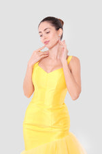 Load image into Gallery viewer, Aria Daffodil Yellow Satin Corset Maxi Dress With Tulle Asymmetric Clash
