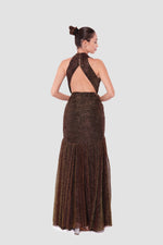 Load image into Gallery viewer, Adeline Bronze-Gold Metallic Tissue Fabric Halter Neck With Deep V-neckline Open Back Dress