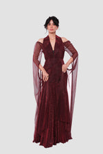 Load image into Gallery viewer, Valentina Deep Red Metallic Tissue Fabric With Sheer Sleeves Maxi Dress