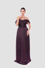 Load image into Gallery viewer, Grace Black Metallic Pleated Tissue Off-shoulder Gown