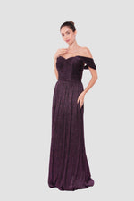 Load image into Gallery viewer, Grace Black Metallic Pleated Tissue Off-shoulder Gown