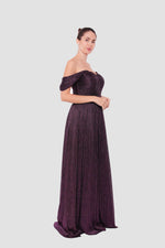 Load image into Gallery viewer, Grace Black Metallic Pleated Tissue Off-shoulder Gown