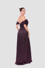 Load image into Gallery viewer, Grace Black Metallic Pleated Tissue Off-shoulder Gown