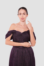 Load image into Gallery viewer, Grace Black Metallic Pleated Tissue Off-shoulder Gown