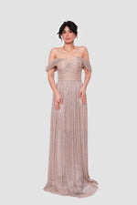 Load image into Gallery viewer, Grace Black Metallic Pleated Tissue Off-shoulder Gown