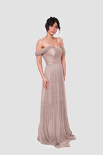 Load image into Gallery viewer, Grace Black Metallic Pleated Tissue Off-shoulder Gown