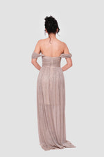 Load image into Gallery viewer, Grace Black Metallic Pleated Tissue Off-shoulder Gown