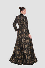 Load image into Gallery viewer, Athena Black And Gold Brocade And Velvet Maxi Dress With Deep V-neckline