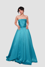 Load image into Gallery viewer, Ophelia Blue Bridal Satin Straight Neckline Gown With Folded Detail