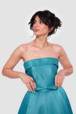 Load image into Gallery viewer, Ophelia Blue Bridal Satin Straight Neckline Gown With Folded Detail