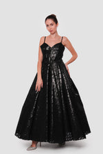 Load image into Gallery viewer, Joy Black Metallic Organza Sweetheart Neckline Maxi Dress