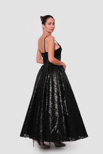 Load image into Gallery viewer, Joy Black Metallic Organza Sweetheart Neckline Maxi Dress