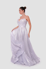 Load image into Gallery viewer, Roxanne Metallic Silver Sweetheart Surplice Neckline With Thin Straps Maxi Dress