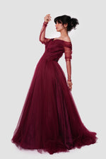 Load image into Gallery viewer, Elara Shimmery Tulle Off-Shoulder Maxi Dress With Sheer Sleeves