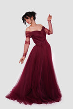 Load image into Gallery viewer, Elara Shimmery Tulle Off-Shoulder Maxi Dress With Sheer Sleeves