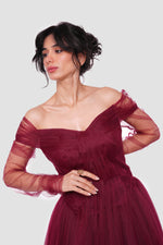 Load image into Gallery viewer, Elara Shimmery Tulle Off-Shoulder Maxi Dress With Sheer Sleeves