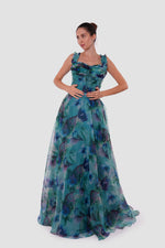 Load image into Gallery viewer, Iris Teal Blue With Multicolored Floral Patterns Silk Organza Bustier Maxi Dress