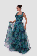 Load image into Gallery viewer, Iris Teal Blue With Multicolored Floral Patterns Silk Organza Bustier Maxi Dress