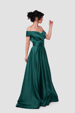 Load image into Gallery viewer, Elsa Emerald Green Taffeta Off-shoulder Maxi Dress