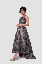 Load image into Gallery viewer, Rosalie Black And Silver Metallic Floral Jacquard Sleeveless Maxi Dress
