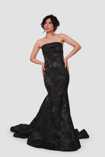 Load image into Gallery viewer, Mayasa Black Floral Jacquard High Low Gown