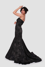 Load image into Gallery viewer, Mayasa Black Floral Jacquard High Low Gown