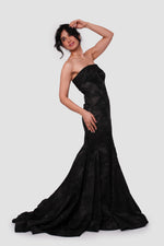 Load image into Gallery viewer, Mayasa Black Floral Jacquard High Low Gown