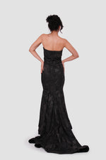 Load image into Gallery viewer, Mayasa Black Floral Jacquard High Low Gown