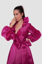 Load image into Gallery viewer, Valencia Fuchsia A-line Dress With Ruffled Neckline And Bishop Sleeves