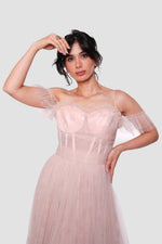 Load image into Gallery viewer, Rozana Blush Pink Tulle With Silver Floral Embellishments Bustier Maxi Dress