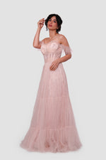 Load image into Gallery viewer, Rozana Blush Pink Tulle With Silver Floral Embellishments Bustier Maxi Dress