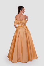 Load image into Gallery viewer, Amana Golden Mustard Taffeta Strapless Corset Maxi Dress