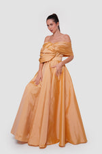 Load image into Gallery viewer, Amana Golden Mustard Taffeta Strapless Corset Maxi Dress