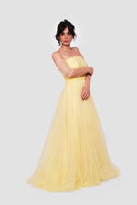 Load image into Gallery viewer, Selena Pale Yellow Off-shoulder Tulle Corset Maxi Dress With Sheer Short Sleeves