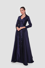 Load image into Gallery viewer, Aurora Midnight Navy Taffeta Double Breasted Flared Maxi Dress